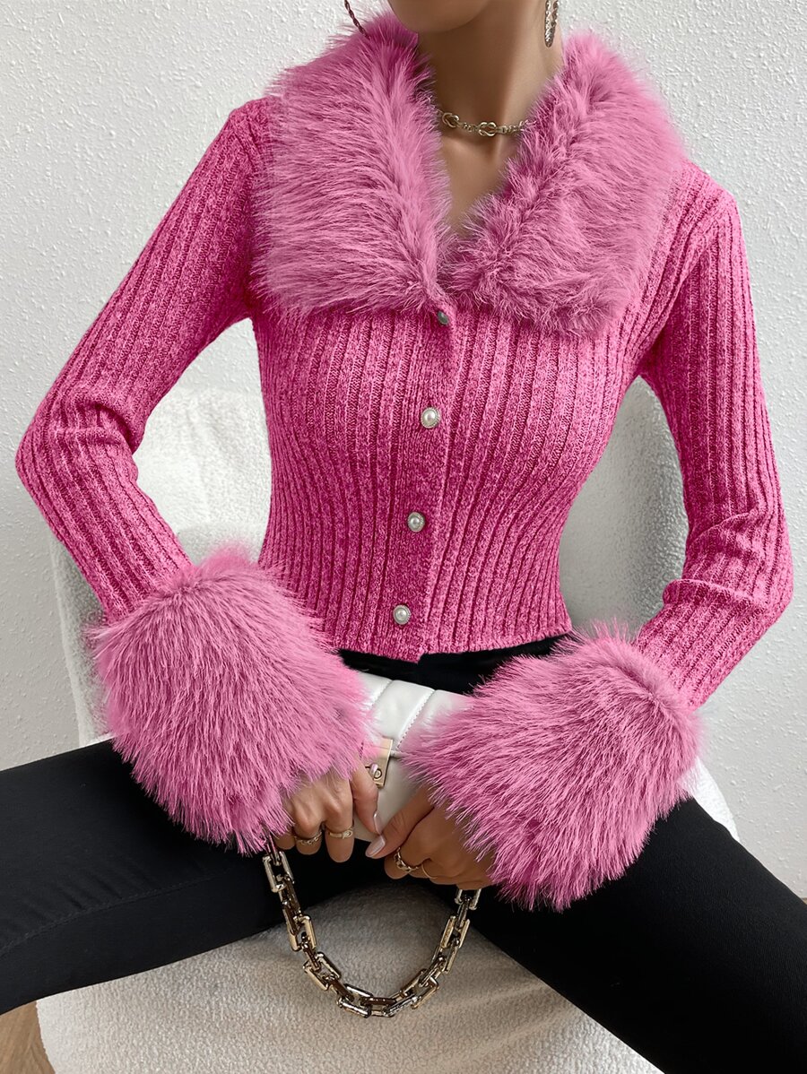 SHEIN Unity Cárdigan de peluche cuello tejido de canalé - Rosa Fucsia - Ver 1