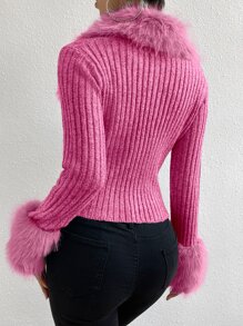SHEIN Unity Cárdigan de peluche cuello tejido de canalé - Rosa Fucsia - Ver 2