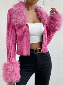 SHEIN Unity Cárdigan de peluche cuello tejido de canalé - Rosa Fucsia - Ver 4