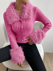 SHEIN Unity Cárdigan de peluche cuello tejido de canalé - Rosa Fucsia - Ver 6