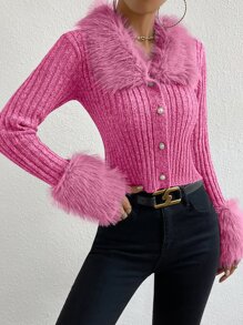 SHEIN Unity Cárdigan de peluche cuello tejido de canalé - Rosa Fucsia - Ver 7