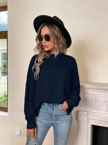 SHEIN LUNE Mock Neck Drop Shoulder Split Hem Jumper - Navy Blue - View 3