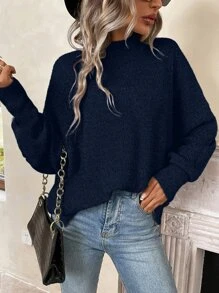 SHEIN LUNE Mock Neck Drop Shoulder Split Hem Jumper - Navy Blue - View 7