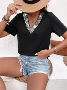 SHEIN LUNE Camiseta con lentejuela en contraste ribete - Negro - Ver 4