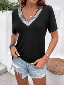 SHEIN LUNE Camiseta con lentejuela en contraste ribete - Negro - Ver 6