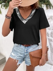 SHEIN LUNE Camiseta con lentejuela en contraste ribete - Negro - Ver 7