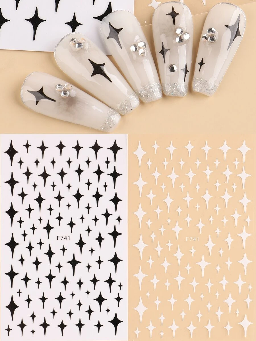 FULL BEAUTY 2 Tấm In Hình Ngôi Sao Móng Tay Nghệ Thuật Miếng Dán Y2K-Phong Cách Móng Tay Nghệ Thuật Đề Can Dán Móng Tay DIY - Đen và trắng - Xem 1