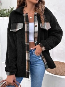 SHEIN LUNE Plaid Trim Drop Shoulder Teddy Coat - Black - View 1