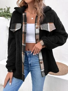 SHEIN LUNE Plaid Trim Drop Shoulder Teddy Coat - Black - View 4