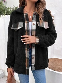 SHEIN LUNE Plaid Trim Drop Shoulder Teddy Coat - Black - View 5