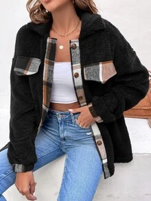 SHEIN LUNE Plaid Trim Drop Shoulder Teddy Coat - Black - View 7