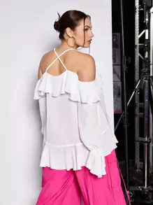 SHEIN ICON Blusa de hombros descubiertos ribete con fruncido de manga con volante - Blanco - Ver 3