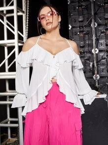 SHEIN ICON Blusa de hombros descubiertos ribete con fruncido de manga con volante - Blanco - Ver 6