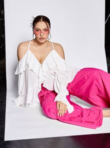 SHEIN ICON Blusa de hombros descubiertos ribete con fruncido de manga con volante - Blanco - Ver 10