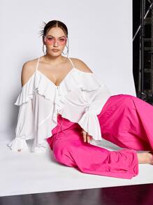 SHEIN ICON Blusa de hombros descubiertos ribete con fruncido de manga con volante - Blanco - Ver 11