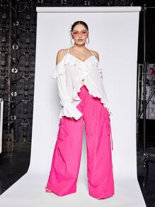 SHEIN ICON Blusa de hombros descubiertos ribete con fruncido de manga con volante - Blanco - Ver 12