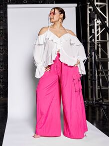 SHEIN ICON Blusa de hombros descubiertos ribete con fruncido de manga con volante - Blanco - Ver 13