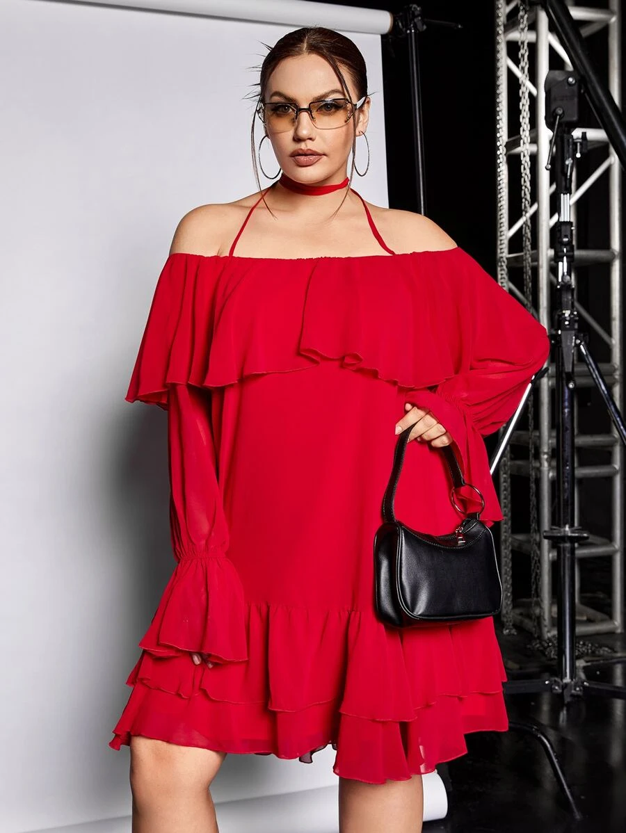 SHEIN ICON Plus Ruffle Trim Flounce Sleeve Halter Neck Dress - Red - View 1