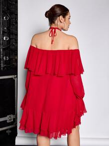 SHEIN ICON Plus Ruffle Trim Flounce Sleeve Halter Neck Dress - Red - View 2