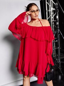 SHEIN ICON Plus Ruffle Trim Flounce Sleeve Halter Neck Dress - Red - View 8