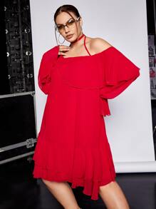 SHEIN ICON Plus Ruffle Trim Flounce Sleeve Halter Neck Dress - Red - View 7