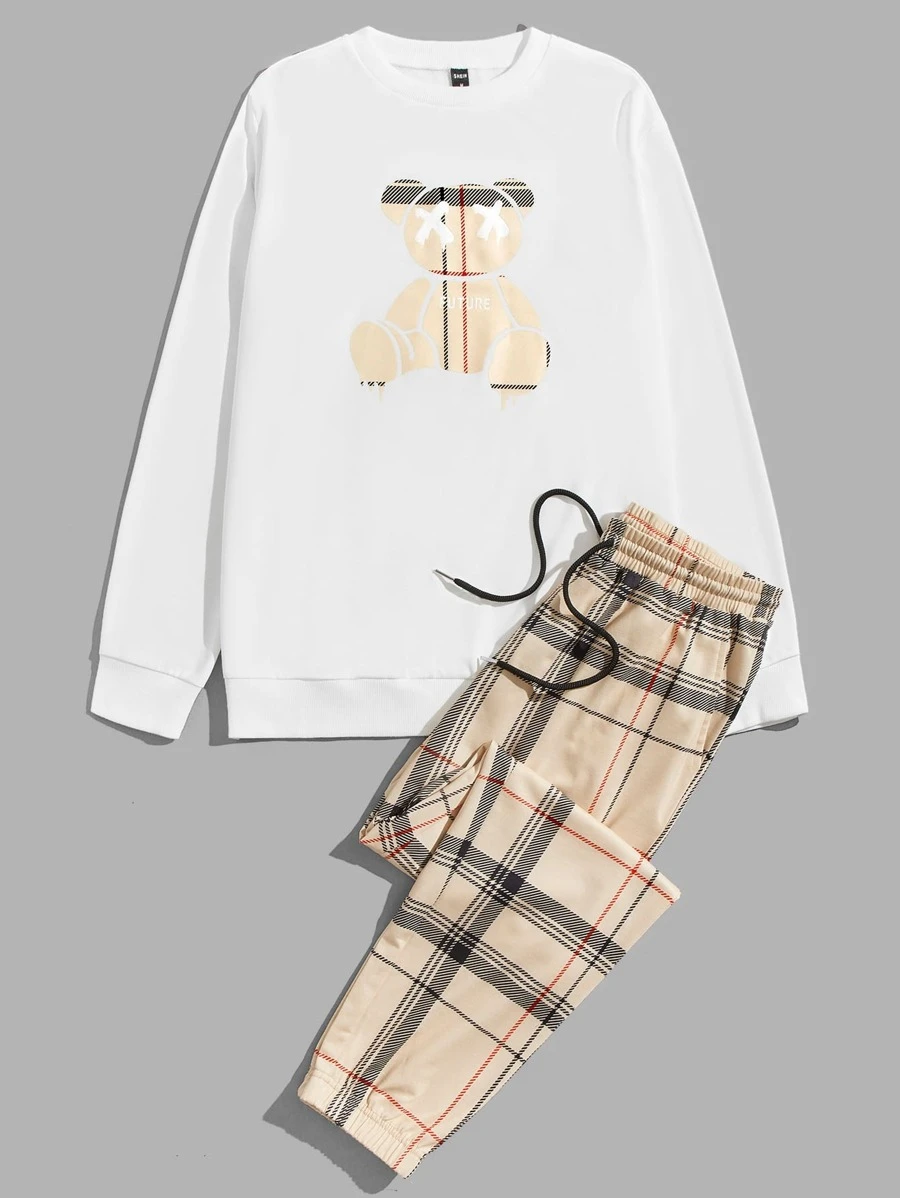 Manfinity Hypemode 男士小熊印花套頭衫和格紋腰部抽繩衛褲 - 彩色 - 查看 1
