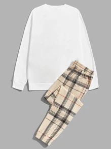 Manfinity Hypemode 男士小熊印花套頭衫和格紋腰部抽繩衛褲 - 彩色 - 查看 2