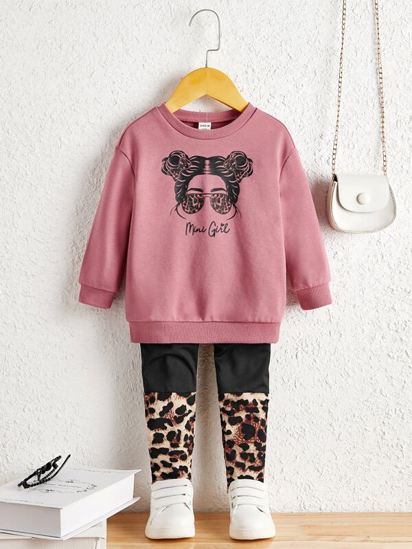SHEIN Baby Girl Letter And Figure Graphic Pullover & Leopard Leggings