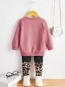 SHEIN Đứa bé gái Đồ họa chữ và hình Áo chui đầu & Báo Xà cạp - Bụi hồng - Xem 2