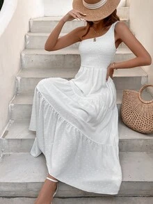 SHEIN VCAY Swiss Dot One Shoulder Shirred Detail Ruffle Hem Dress - White - View 3