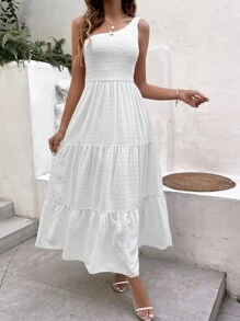 SHEIN VCAY Swiss Dot One Shoulder Shirred Detail Ruffle Hem Dress - White - View 1