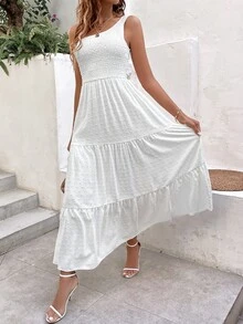 SHEIN VCAY Swiss Dot One Shoulder Shirred Detail Ruffle Hem Dress - White - View 2