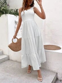 SHEIN VCAY Swiss Dot One Shoulder Shirred Detail Ruffle Hem Dress - White - View 5