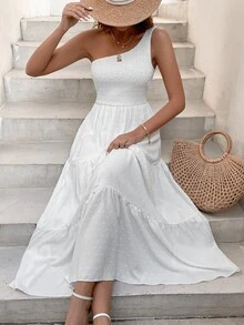 SHEIN VCAY Swiss Dot One Shoulder Shirred Detail Ruffle Hem Dress - White - View 6