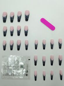 用24片长棺材形黑色法式亮面撞色假指甲、1个指甲锉和1张指甲胶带打造迷人美甲 - 彩色 - 查看 2