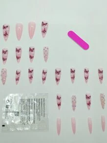 Elevate Your Style with 24pcs Long Almond Butterfly Pattern Rhinestone Fake Nail & 1pc Nail File & 1sheet Tape - Multicolor - View 2