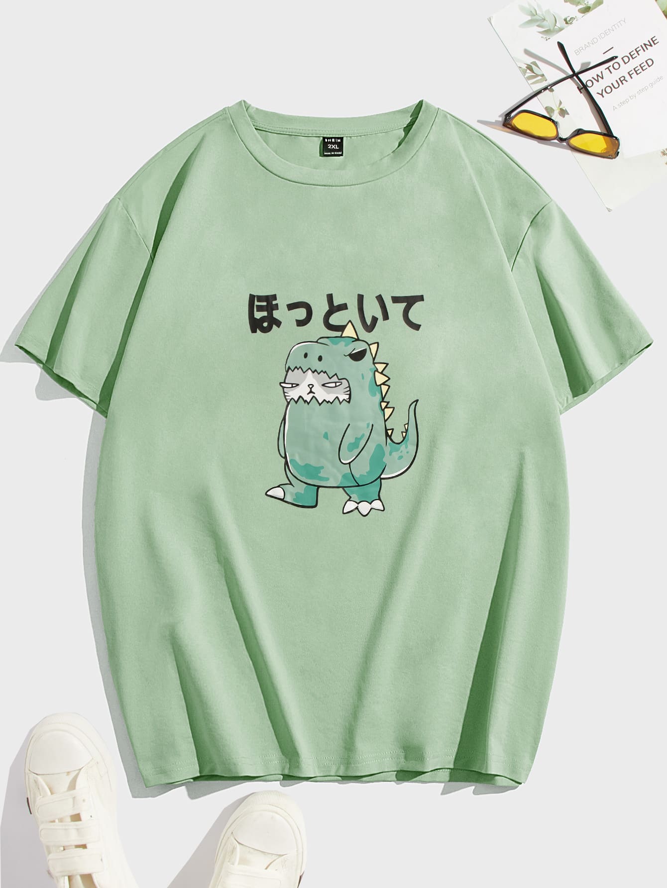 EASEVO Men Plus Cotton Cartoon & Japanese Letter Graphic Tee - Mint Green - View 1