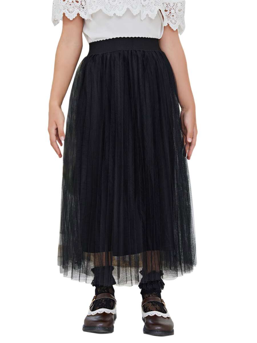 SHEIN Girls Pleated Mesh Skirt - Black - View 1