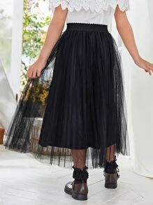 SHEIN Girls Pleated Mesh Skirt - Black - View 2