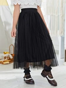 SHEIN Girls Pleated Mesh Skirt - Black - View 3