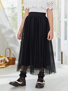 SHEIN Girls Pleated Mesh Skirt - Black - View 5