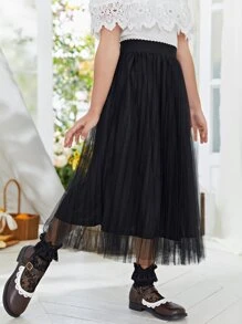 SHEIN Girls Pleated Mesh Skirt - Black - View 6