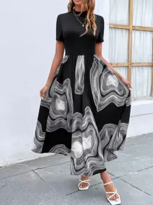 SHEIN Clasi Graphic Print Mock Neck A-line Dress - Black - View 4