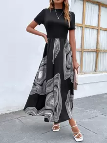 SHEIN Clasi Graphic Print Mock Neck A-line Dress - Black - View 5