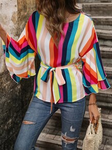 SHEIN VCAY Blusa con estampado de rayas de color con cinturón - Multicolor - Ver 2