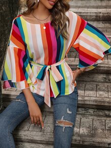 SHEIN VCAY Blusa con estampado de rayas de color con cinturón - Multicolor - Ver 4