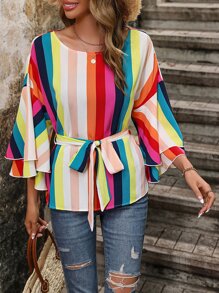 SHEIN VCAY Blusa con estampado de rayas de color con cinturón - Multicolor - Ver 5