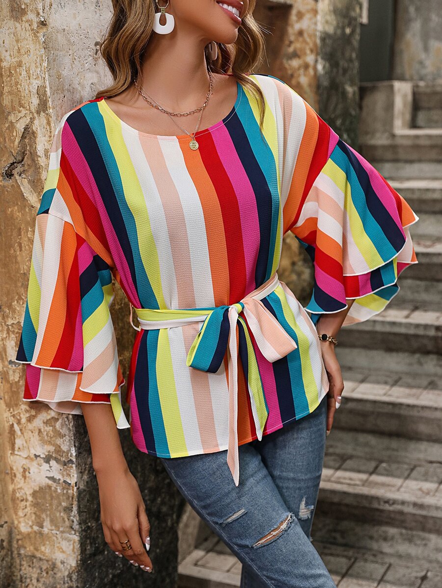 SHEIN VCAY Blusa con estampado de rayas de color con cinturón - Multicolor - Ver 1