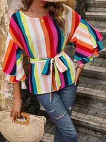 SHEIN VCAY Blusa con estampado de rayas de color con cinturón - Multicolor - Ver 6
