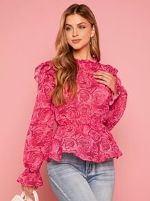 SHEIN Privé Floral Print Ruffle Trim Flounce Sleeve Peplum Blouse - Hot Pink - View 1